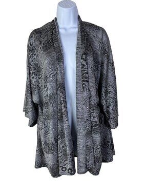 Chicos 3 Travelers Open Front Cardigan Size XL Gray Black Leopard Slinky knit
